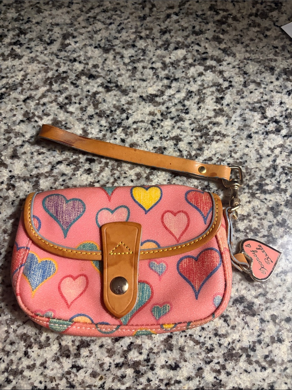 vintage Dooney & Bourke pink multicolored doodle/scribble hearts wristlet